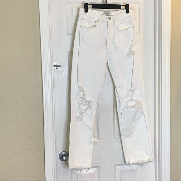 AGOLDE White Distressed High Rise Raw Hem Jeans Size 26 Button Fly - Picture 3 of 11